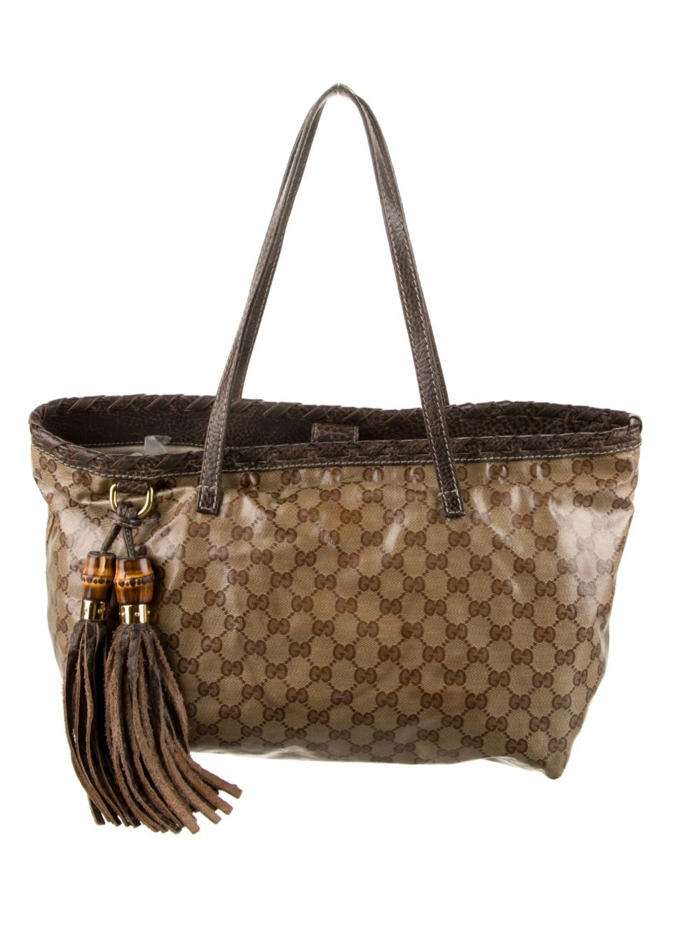GUCCI GG CRYSTAL COATED CANVAS BAMBOO TASSAL TOTE