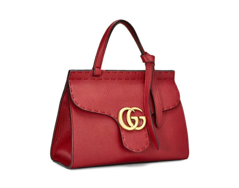 GUCCI RED PEBBLED LEATHER MARMONT TOP HANDLE BAG