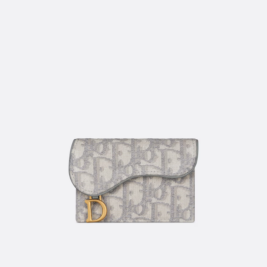 Gray Dior Oblique Jacquard Saddle Flap Card Holder Leather Wallet for Women