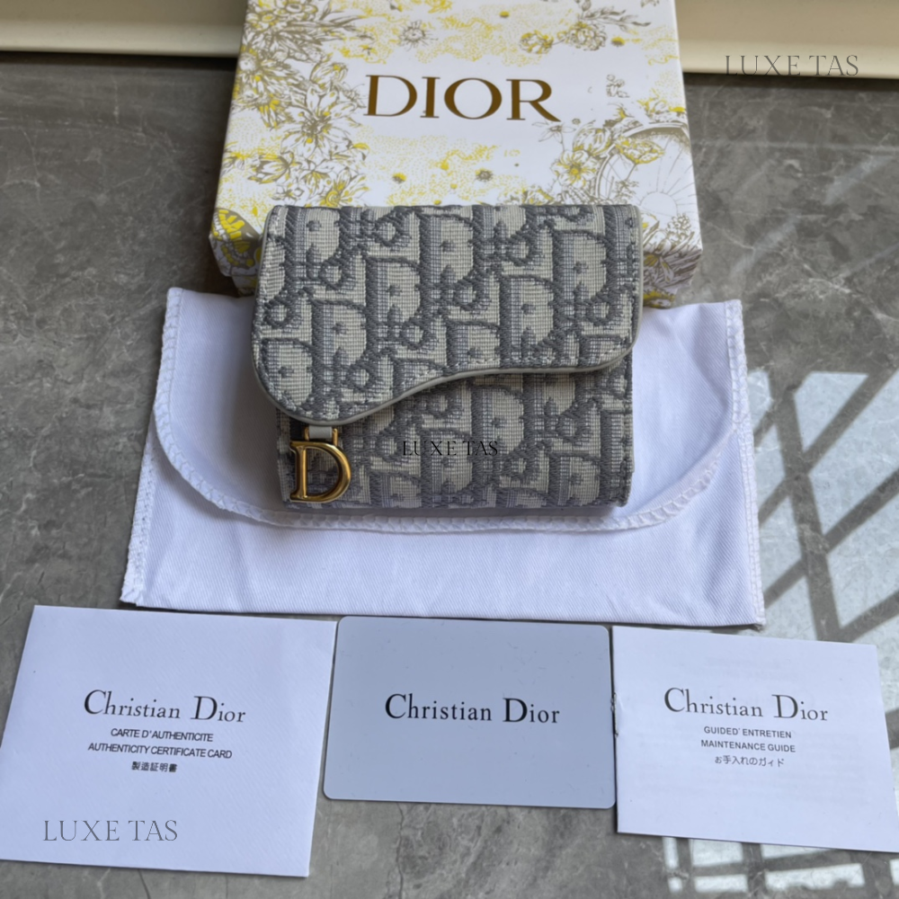 Gray Dior Oblique Jacquard Saddle Flap Card Holder Leather Wallet for Women