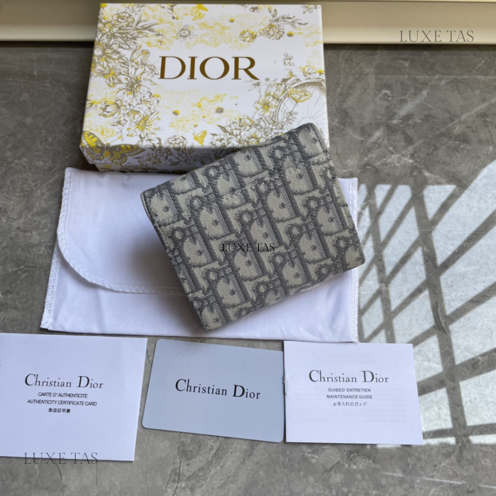 Gray Dior Oblique Jacquard Saddle Flap Card Holder Leather Wallet for Women