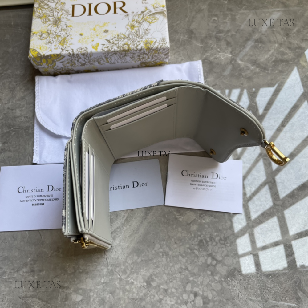 Gray Dior Oblique Jacquard Saddle Flap Card Holder Leather Wallet for Women