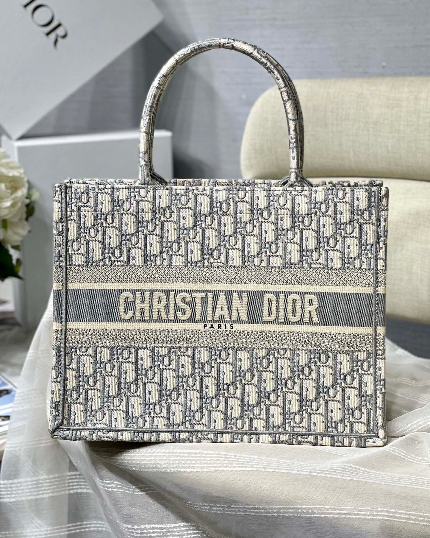 Gray Oblique Embroidery Dior Book Tote Tote Bag for Women