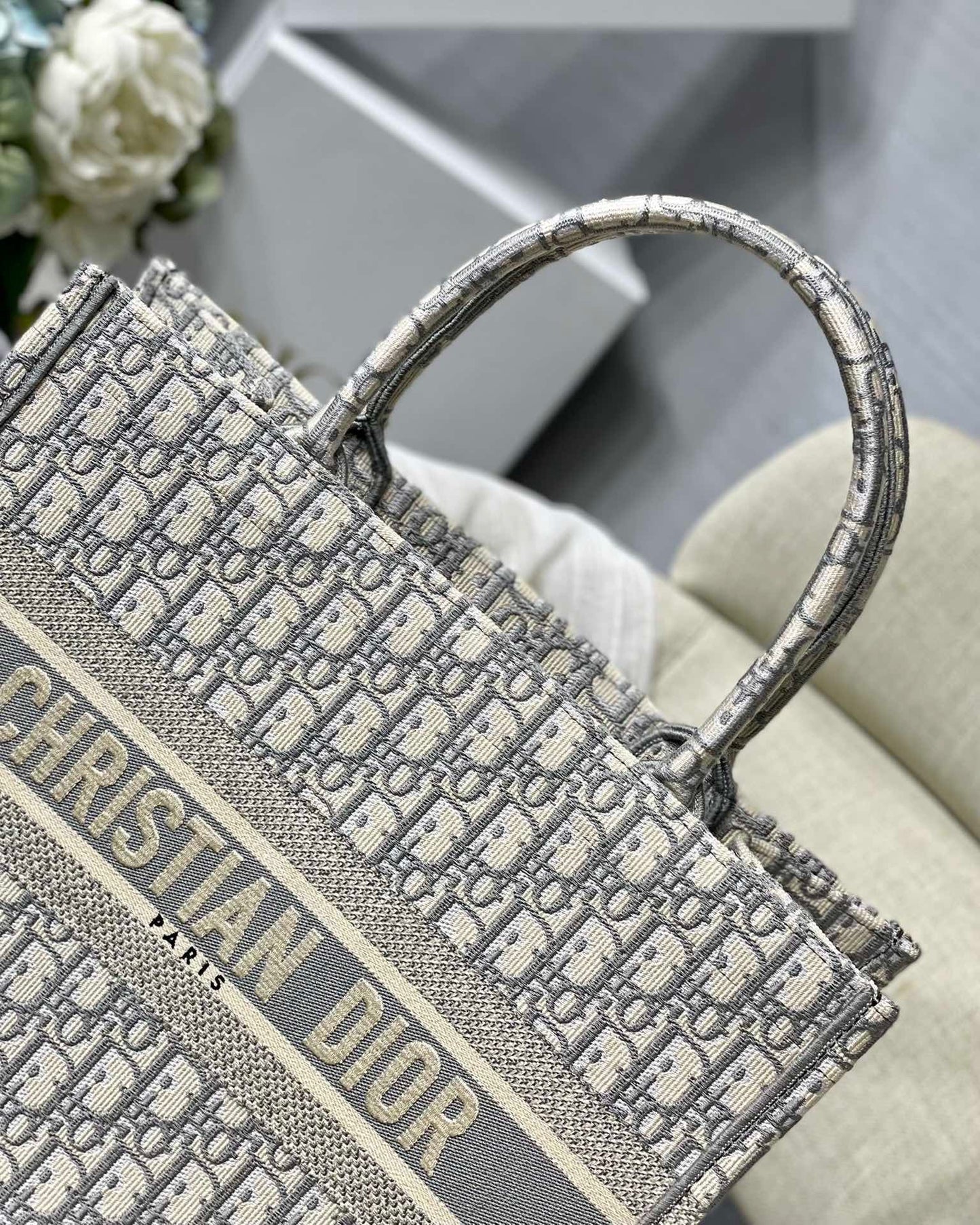 Gray Oblique Embroidery Dior Book Tote Tote Bag for Women