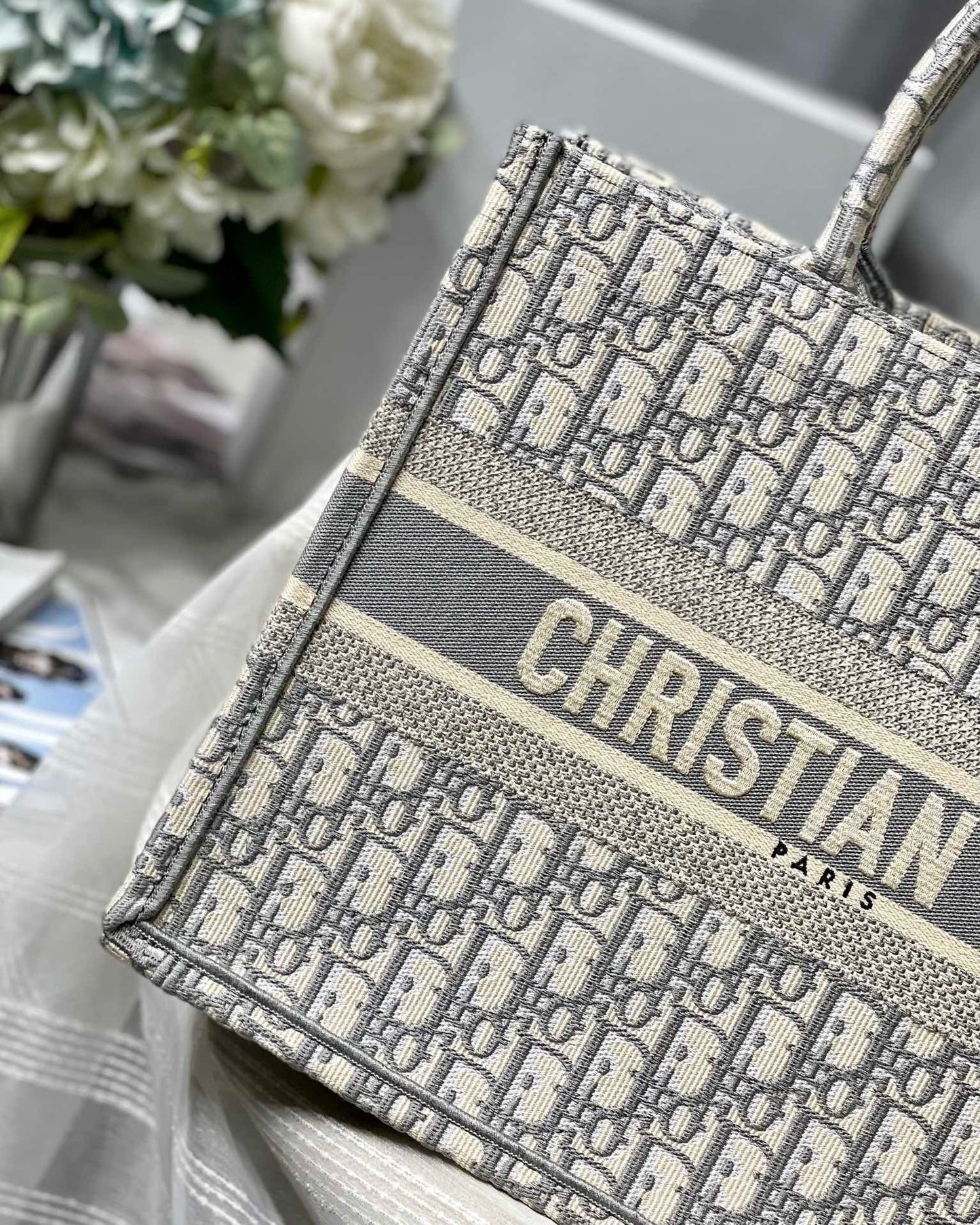 Gray Oblique Embroidery Dior Book Tote Tote Bag for Women