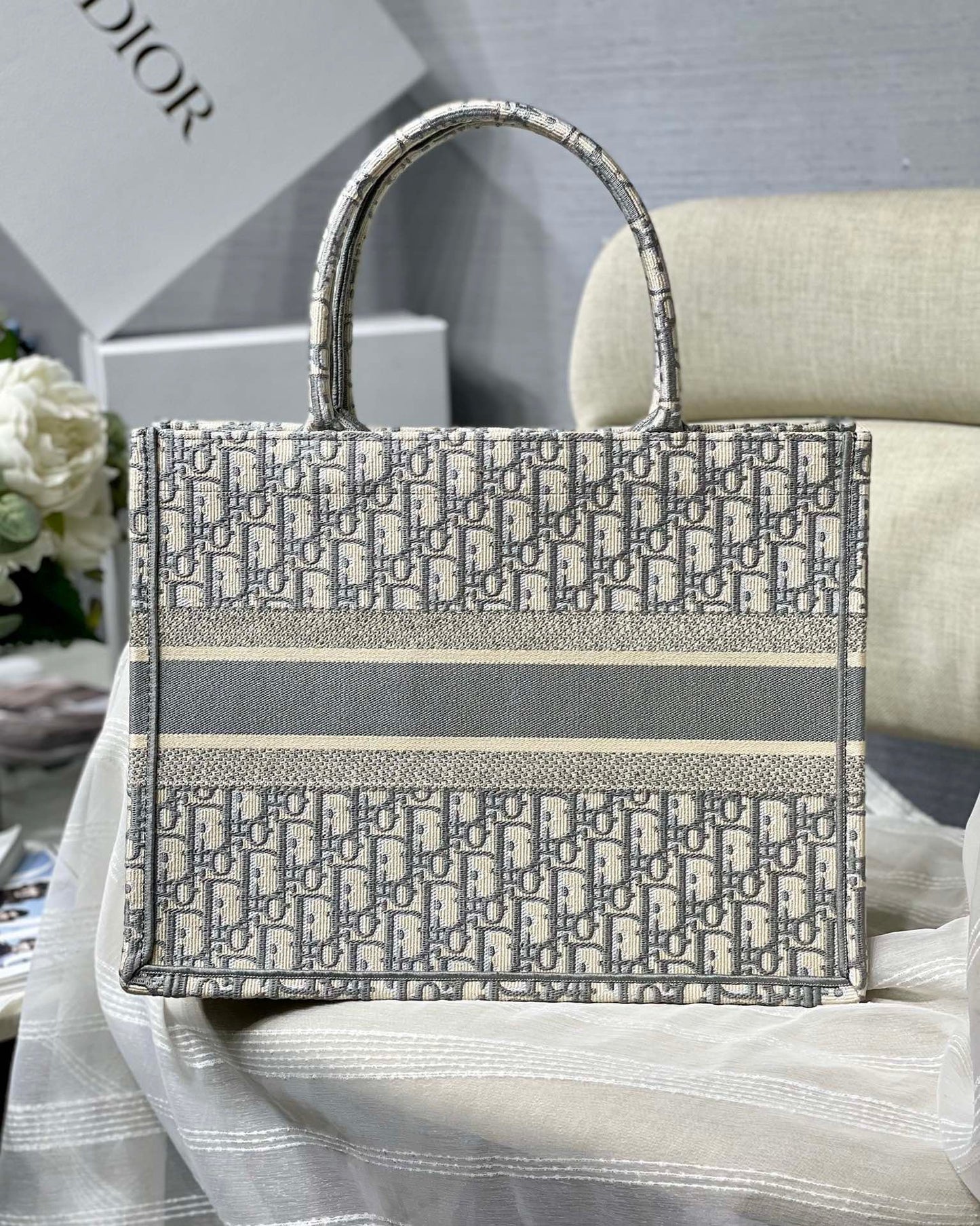 Gray Oblique Embroidery Dior Book Tote Tote Bag for Women