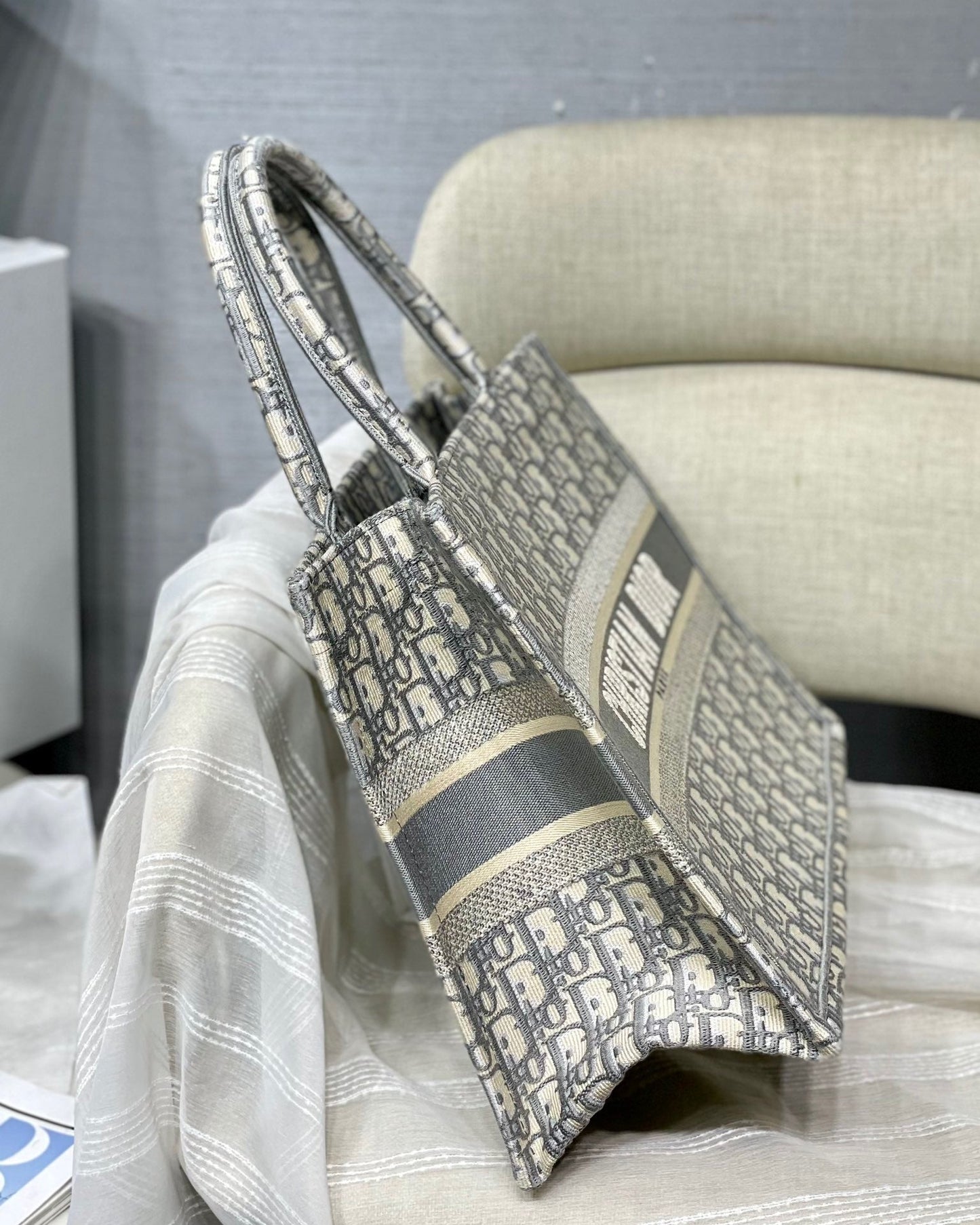 Gray Oblique Embroidery Dior Book Tote Tote Bag for Women