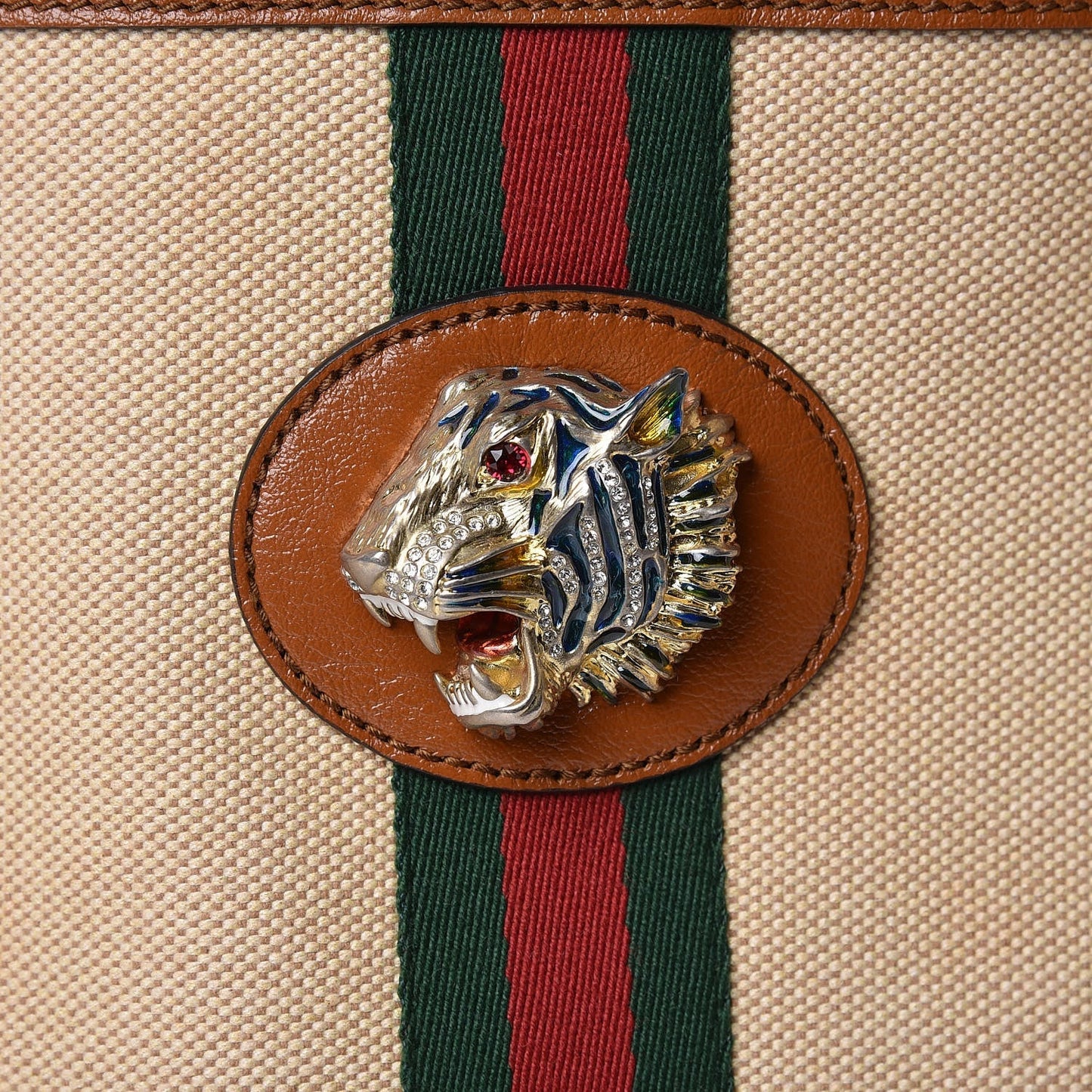 GUCCI LARGE RAJHA WEB TIGER CANVAS LEATHER TOTE BAG