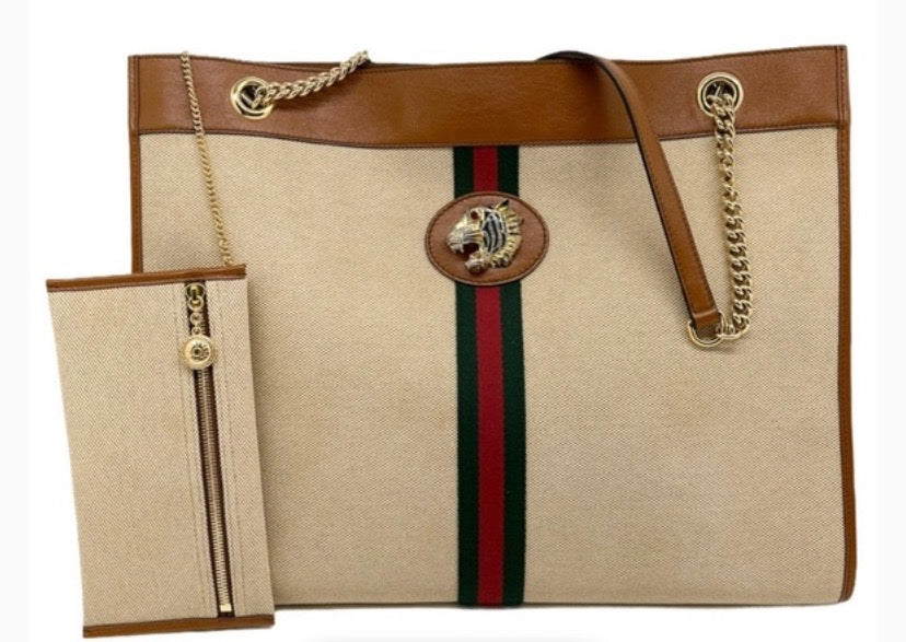 GUCCI LARGE RAJHA WEB TIGER CANVAS LEATHER TOTE BAG