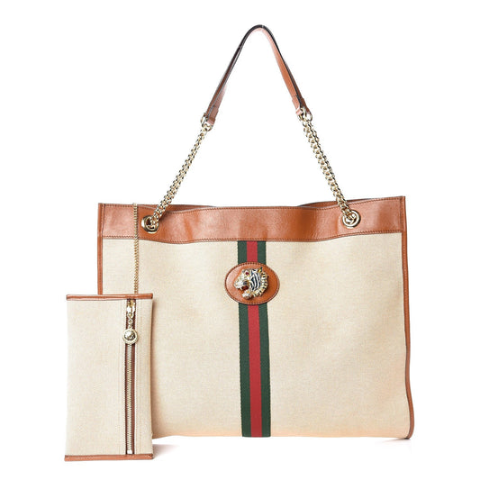 GUCCI LARGE RAJHA WEB TIGER CANVAS LEATHER TOTE BAG