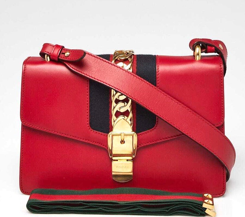 GUCCI CALFSKIN LEATHER WEB MEDIUM SYLVIE SHOULDER BAG