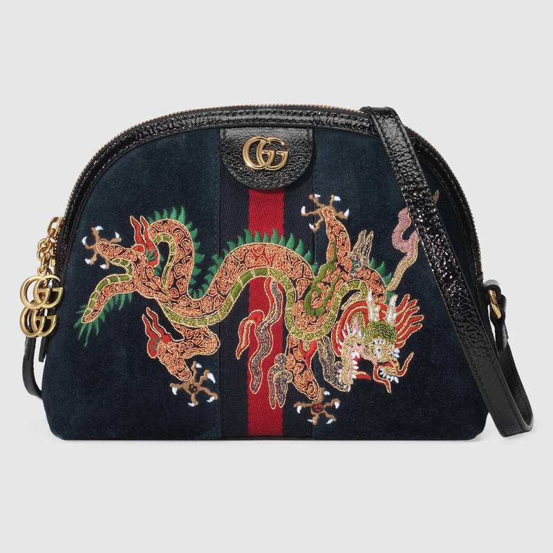 GUCCI Suede Dragon Embroidered Small Ophidia Dome Bag