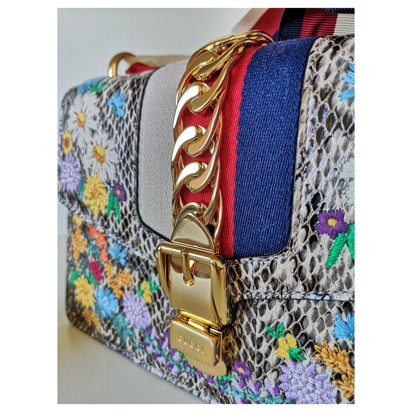 GUCCI SYLVIE FLORAL PYTHON SHOULDER BAG-HS