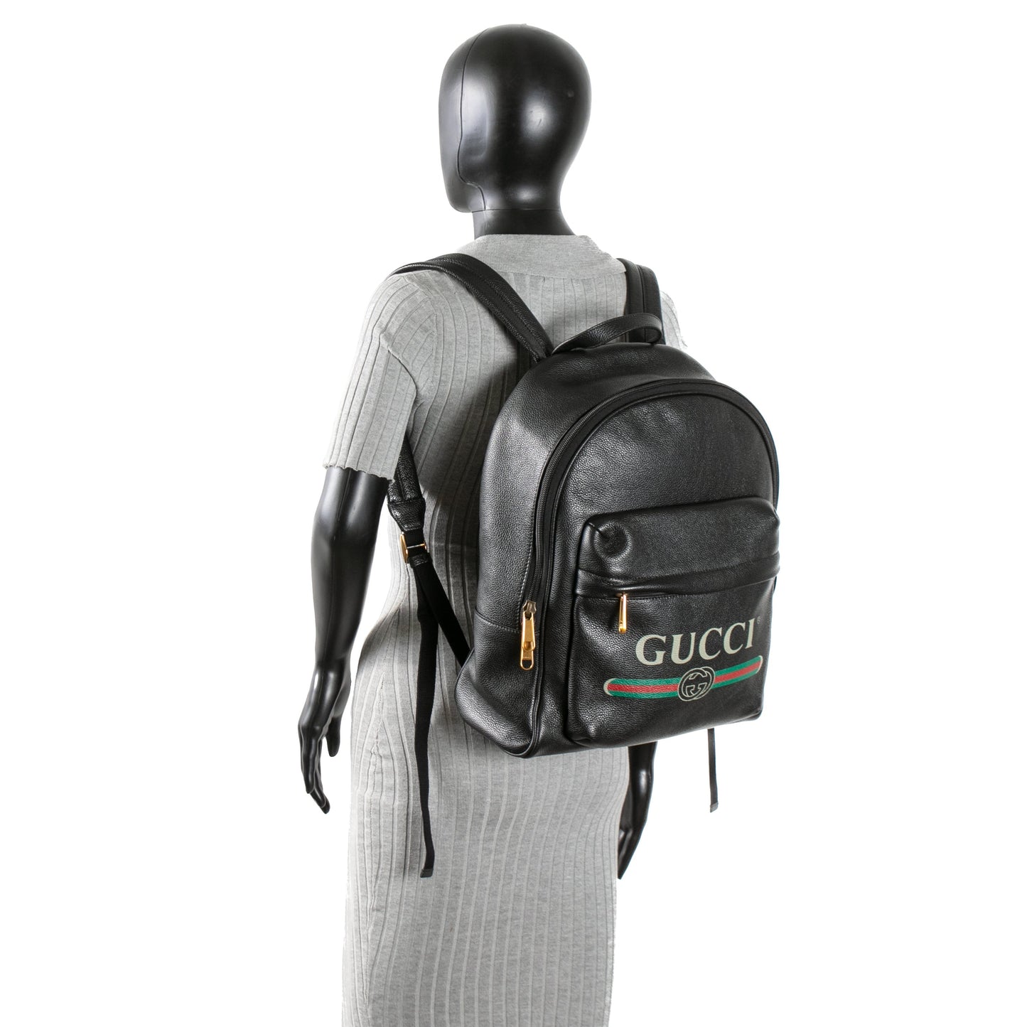 GUCCI Logo Front Pocket Printed Leather Backpack- Black