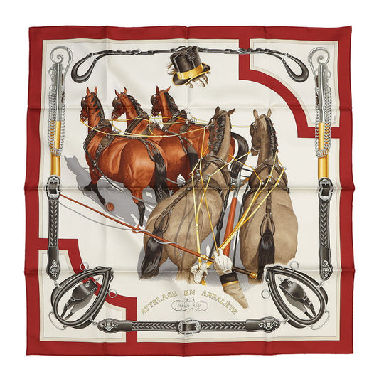 HERMES Scarf Carre 90 Carriage bow connection ATTELAGE EN ARBALETE Rouge Cui/Greige/Halzan Silk 100%