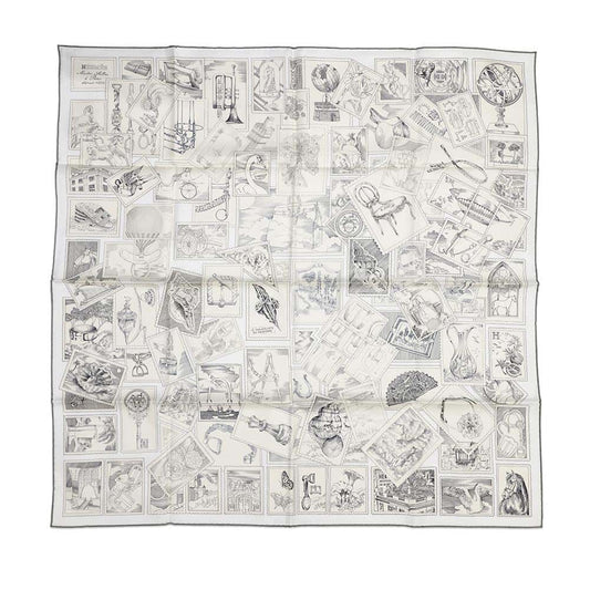 HERMES Carre Le Philateliste du Faubourg "The Philatelist of Fauve" Size 90 Gray / Parchement / White Silk100%