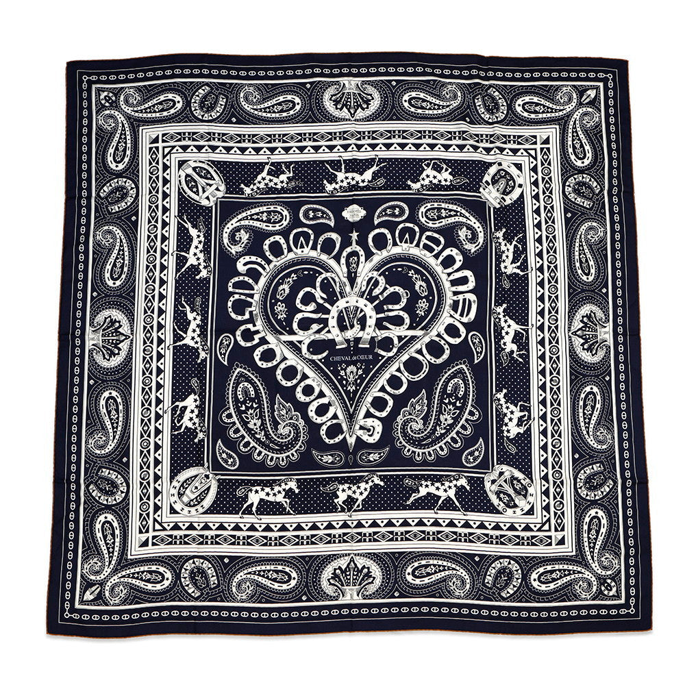 HERMES Carre Geant 140 CHEVAL DE COEUR BANDA Size 140 MARINE/BLANC/NOISE Cashmere70% Silk30%