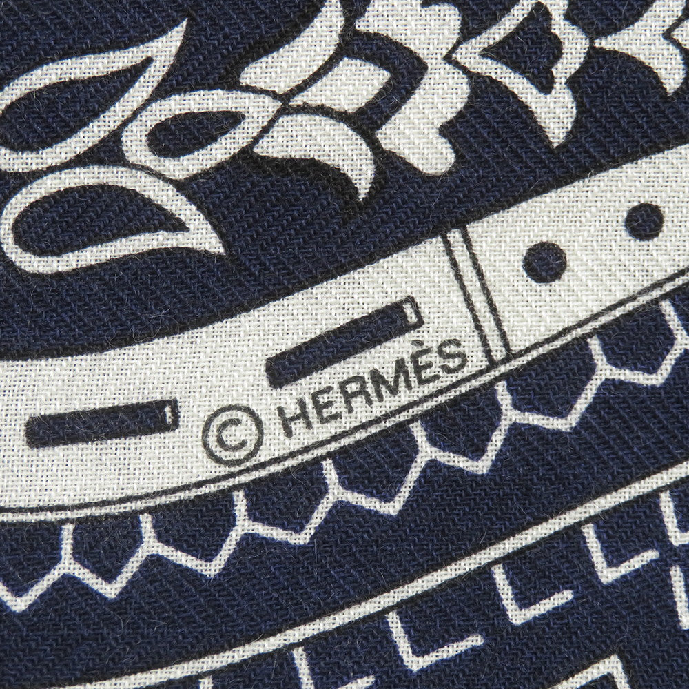 HERMES Carre Geant 140 CHEVAL DE COEUR BANDA Size 140 MARINE/BLANC/NOISE Cashmere70% Silk30%