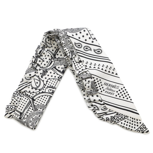 HERMES Twilly Frill Apron Doll Bandana Eperon d'Or Bandana Blanc/Noir Silk100%