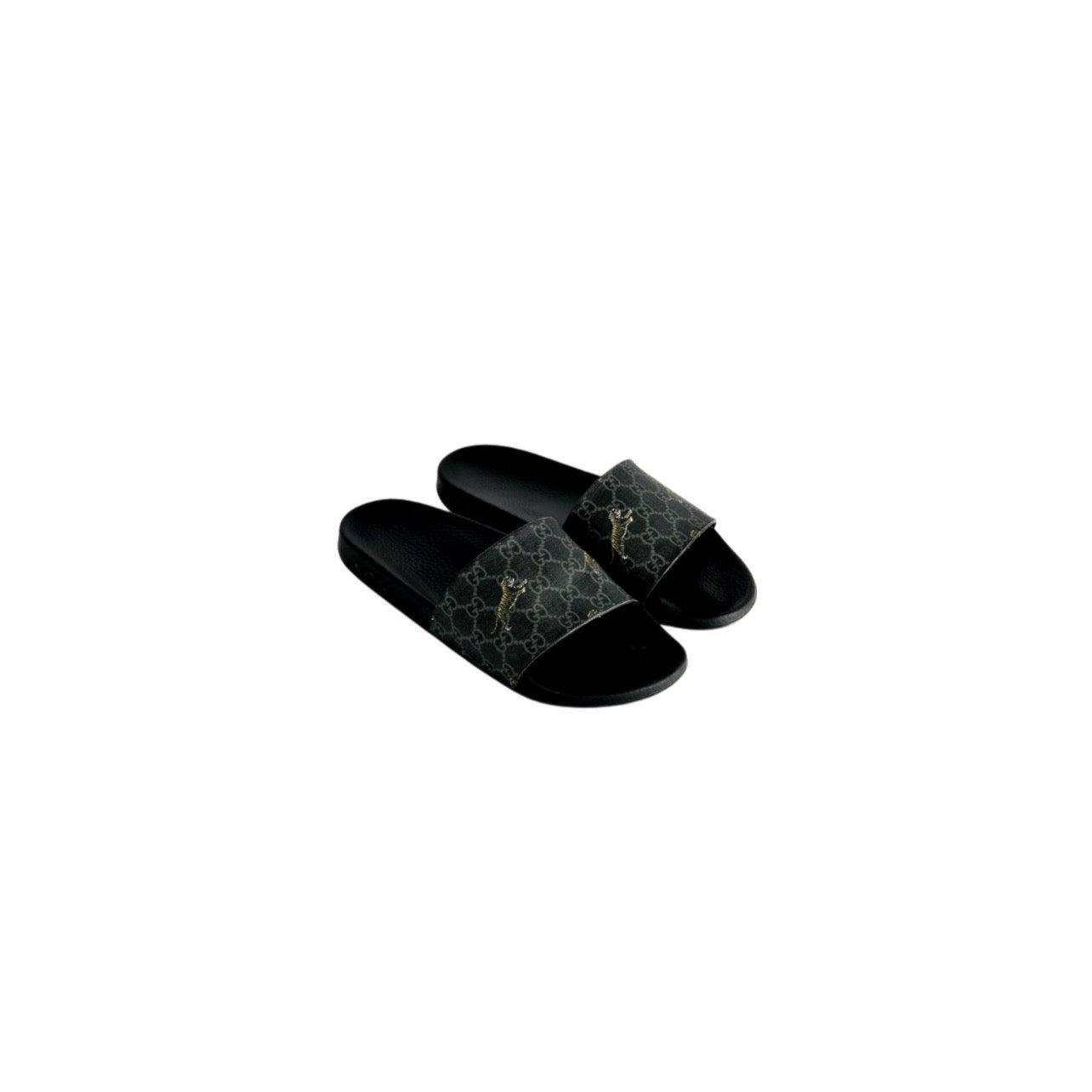 Gucci Black GG Supreme Tiger Flat Slides Size 11