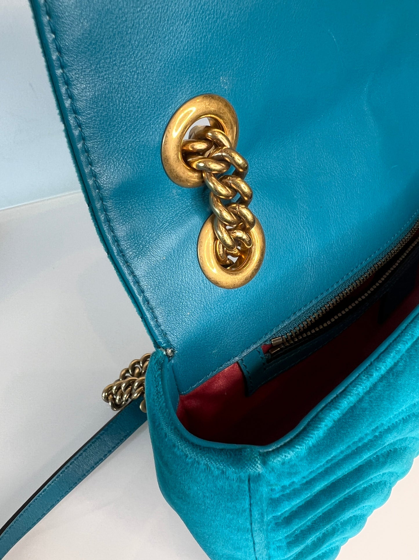 Gucci GG Marmont Small Turquoise Blue Velvet Shoulder Bag - Preloved