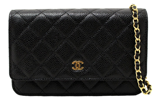 NEW Chanel Black Quilted Caviar Leather Wallet On Chain WOC Messenger Bag