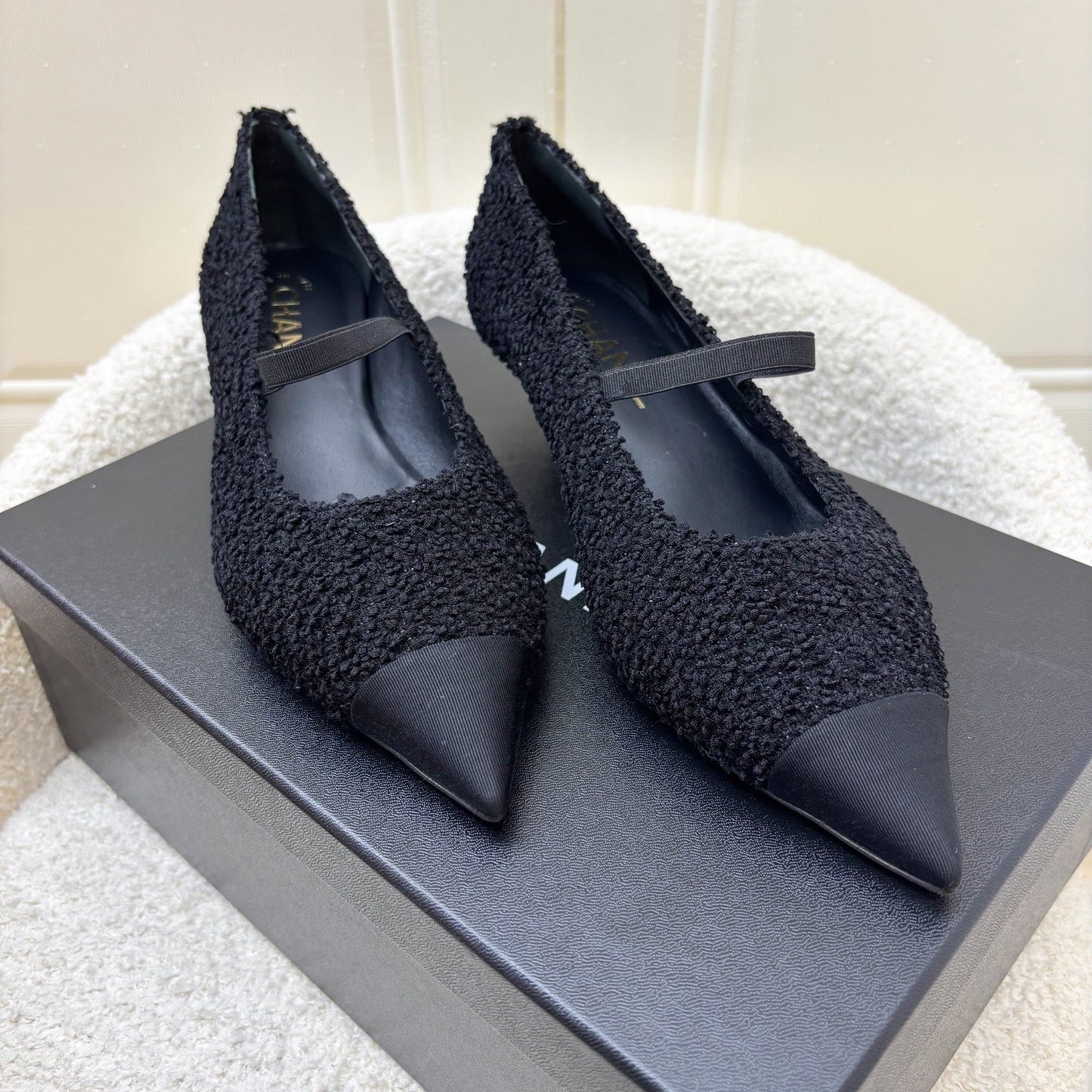 Chanel 24A Mary Janes in Black Tweed and Gosgrain Sz 37.5