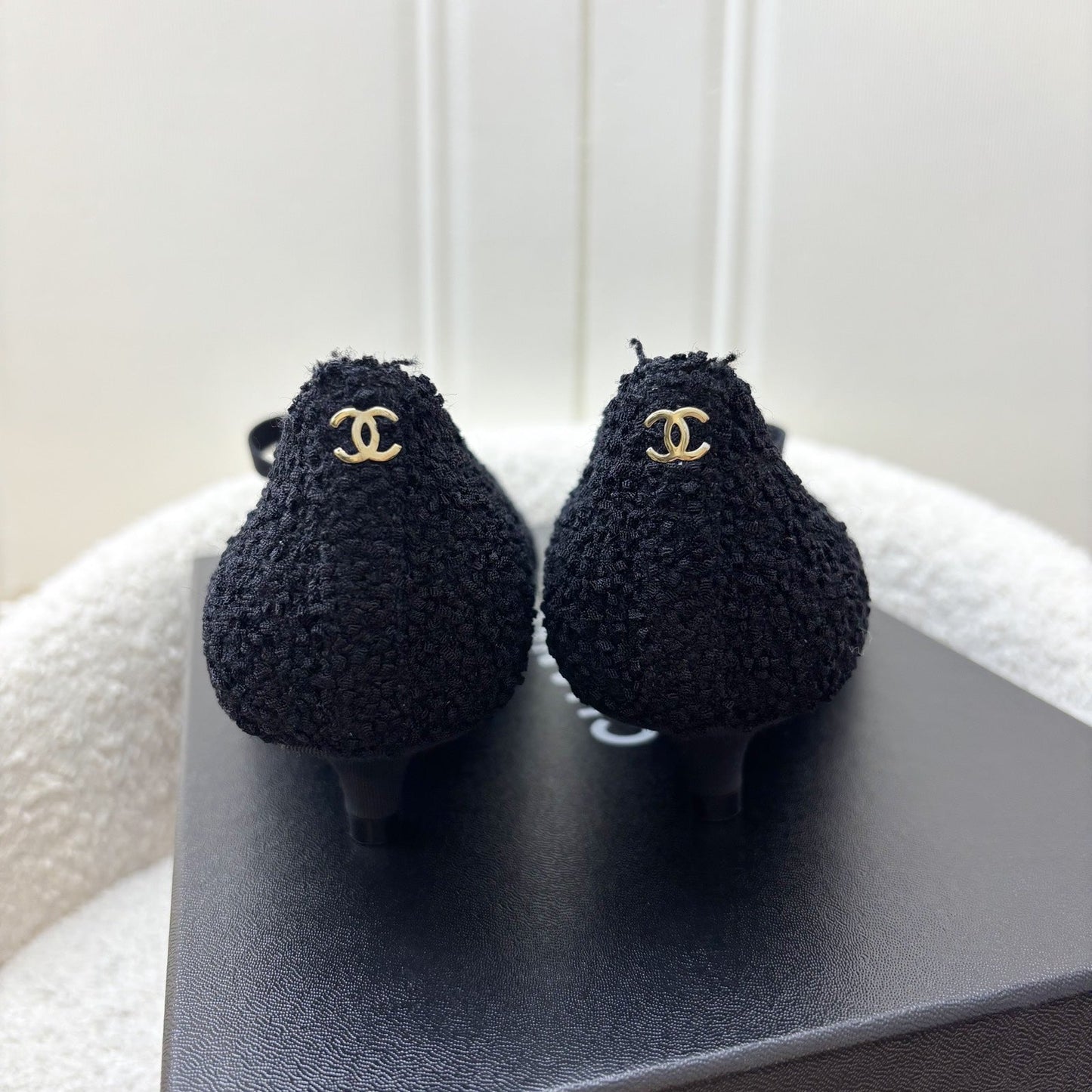 Chanel 24A Mary Janes in Black Tweed and Gosgrain Sz 37.5