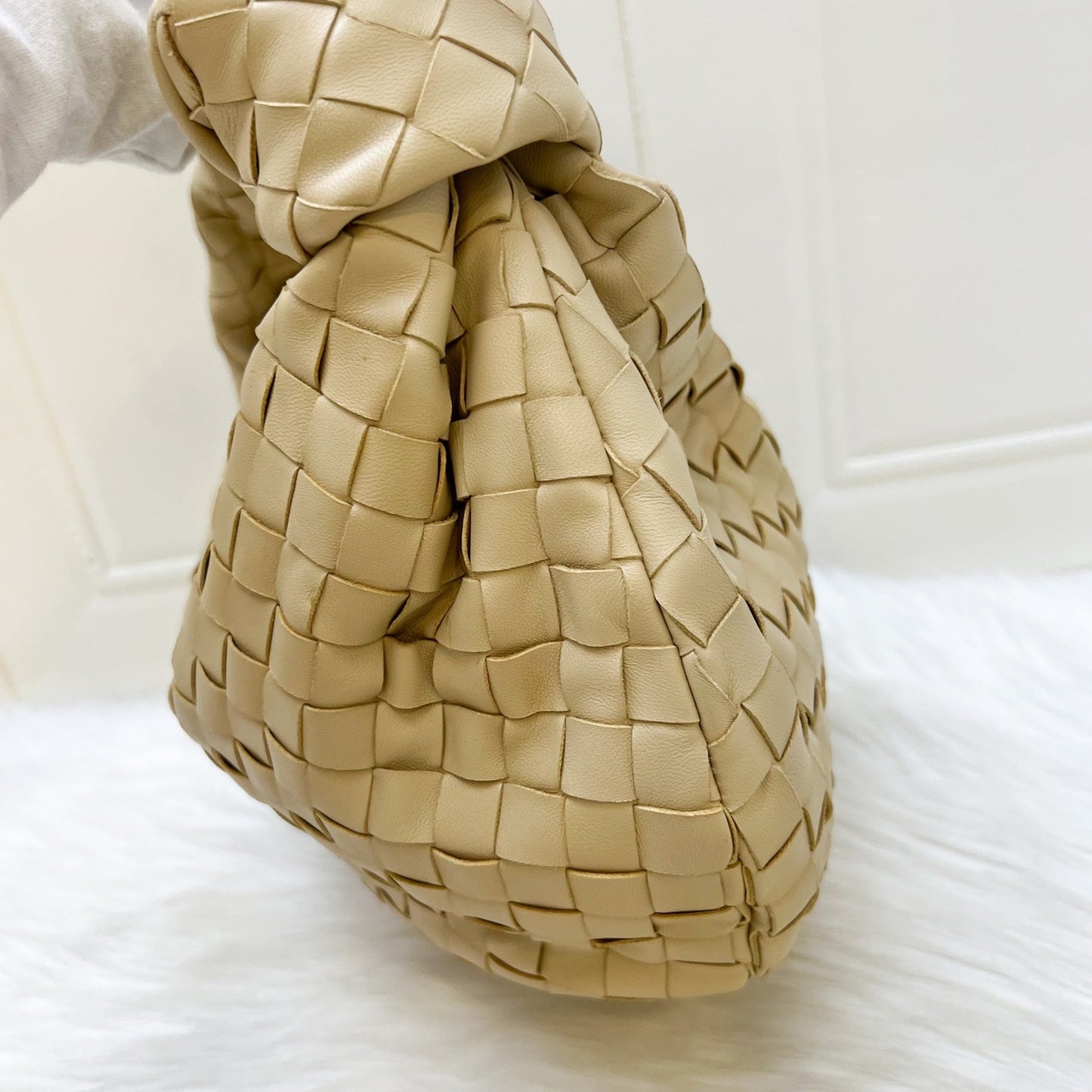 Bottega Veneta Teen (Current Small) Jodie Hobo Bag in Porridge (Light Beige) Intrecciato Lambskin and GHW
