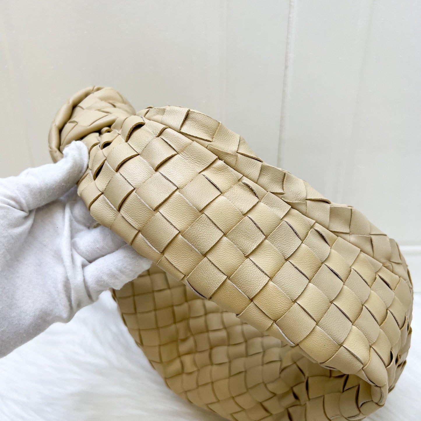 Bottega Veneta Teen (Current Small) Jodie Hobo Bag in Porridge (Light Beige) Intrecciato Lambskin and GHW