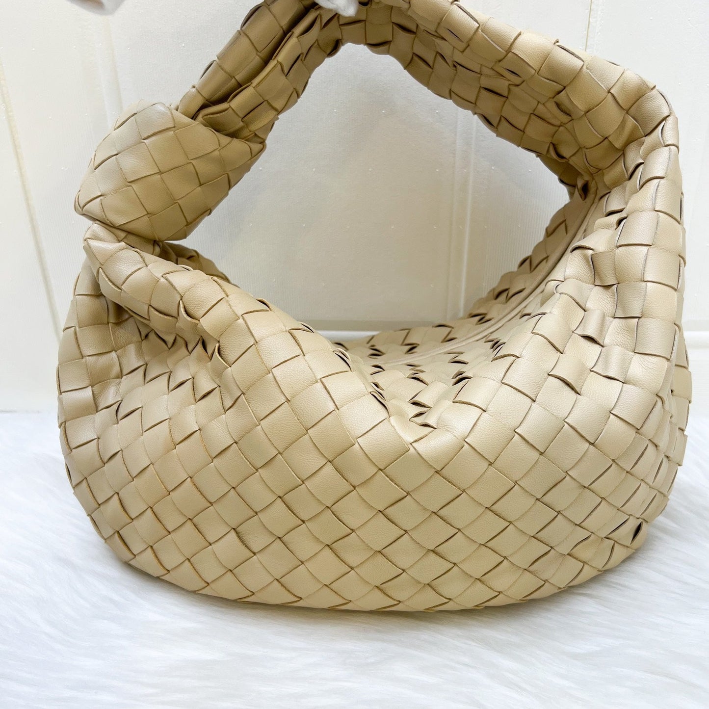 Bottega Veneta Teen (Current Small) Jodie Hobo Bag in Porridge (Light Beige) Intrecciato Lambskin and GHW