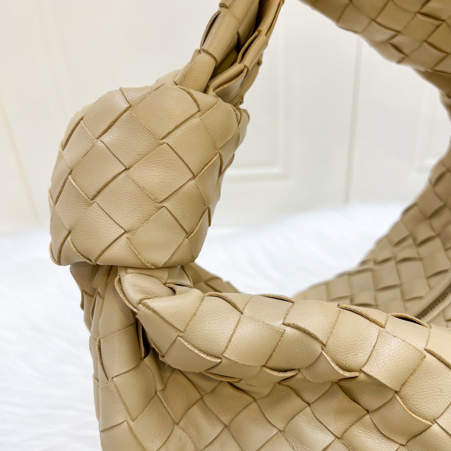 Bottega Veneta Teen (Current Small) Jodie Hobo Bag in Porridge (Light Beige) Intrecciato Lambskin and GHW