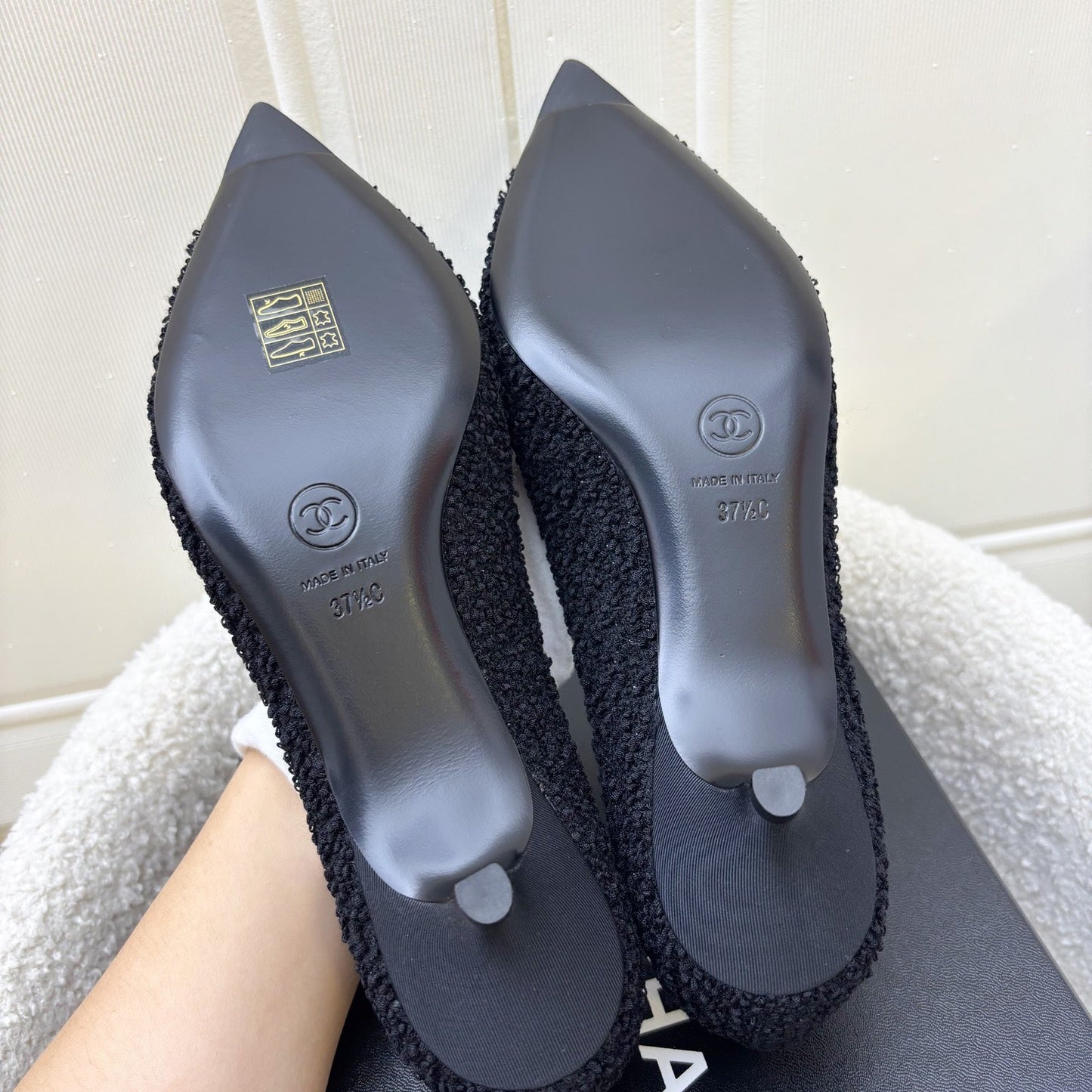 Chanel 24A Mary Janes in Black Tweed and Gosgrain Sz 37.5