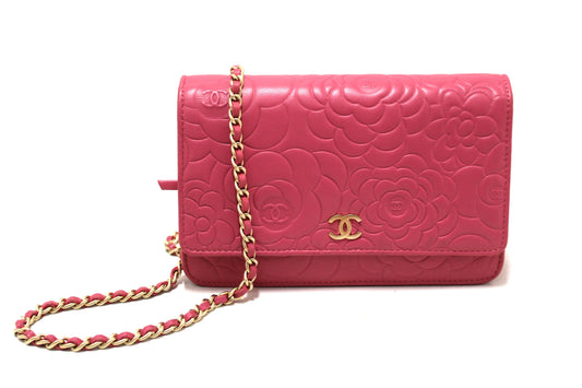 Chanel Pink Camellia Lambskin Leather Wallet On Chain/Clutch Bag