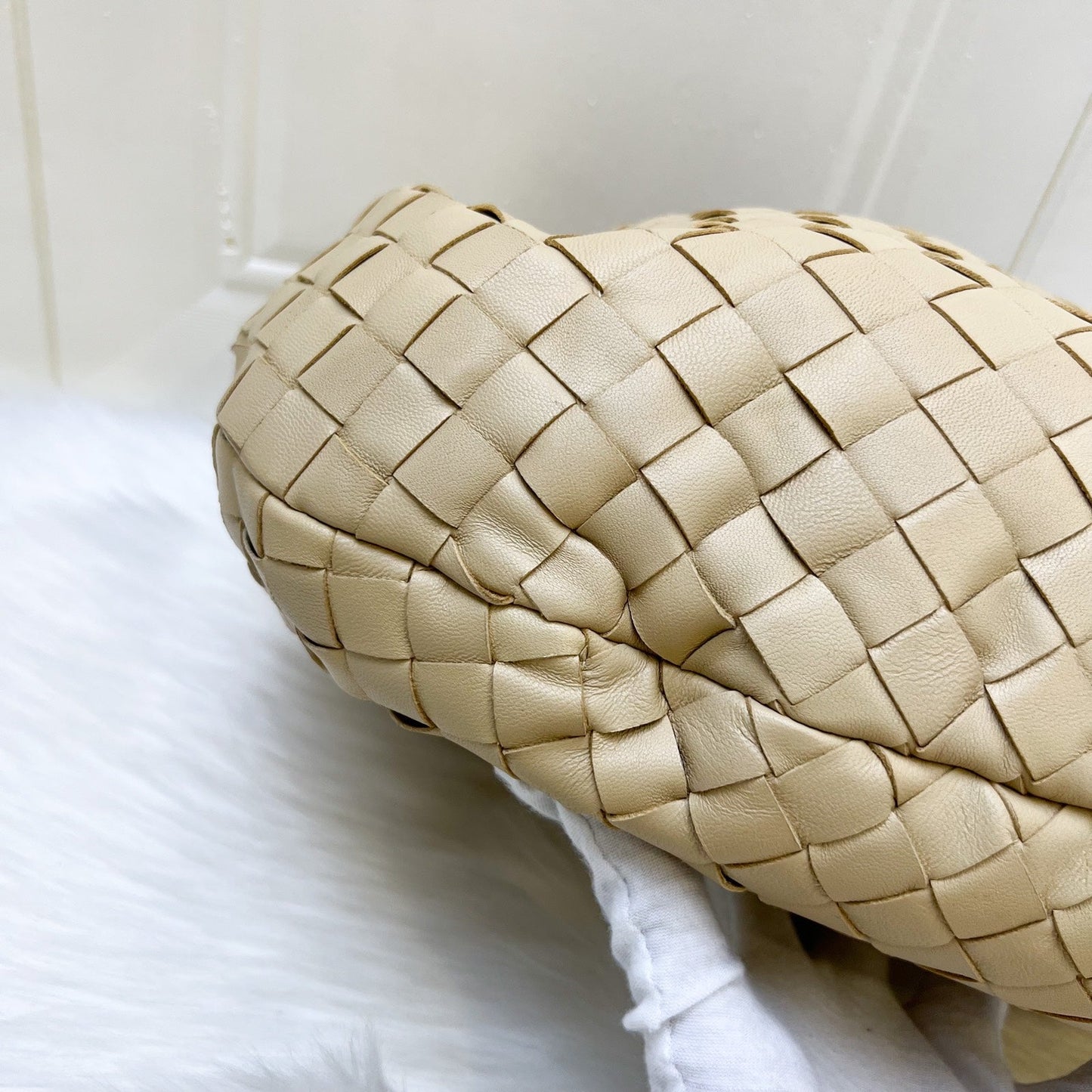 Bottega Veneta Teen (Current Small) Jodie Hobo Bag in Porridge (Light Beige) Intrecciato Lambskin and GHW