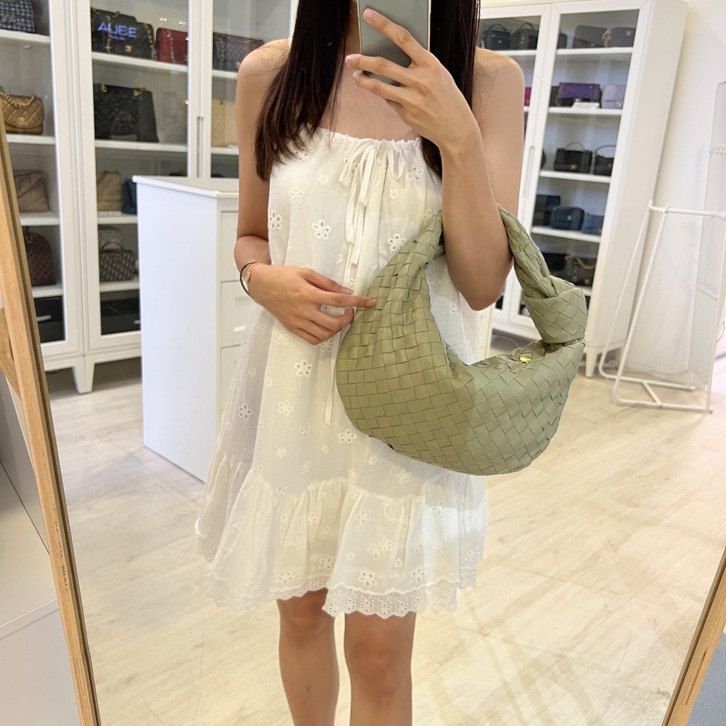 Bottega Teen Jodie in Travertine Intrecciato leather and GHW