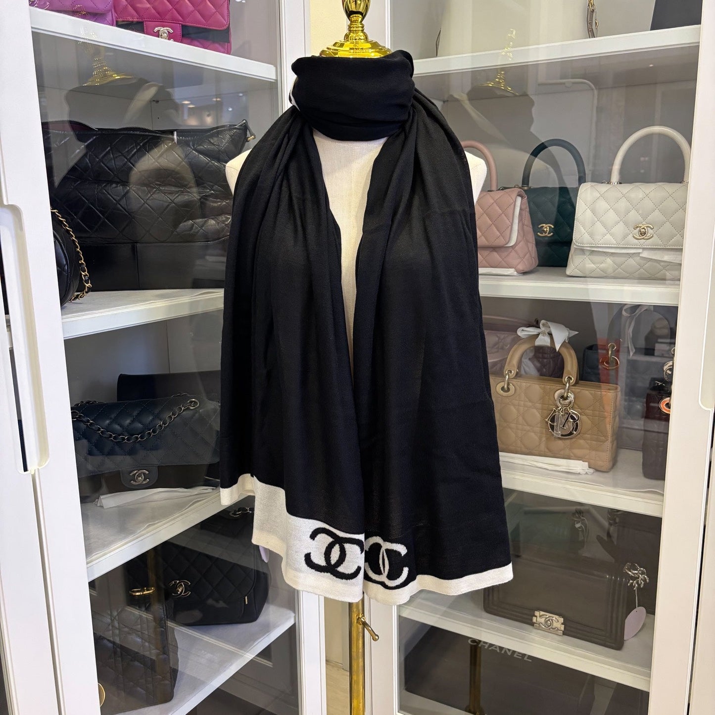 Chanel 4 Piece Travel Set with Pouch, Shawl, Socks and Eye Shield in Black and White Cashmere / Wool / Silk