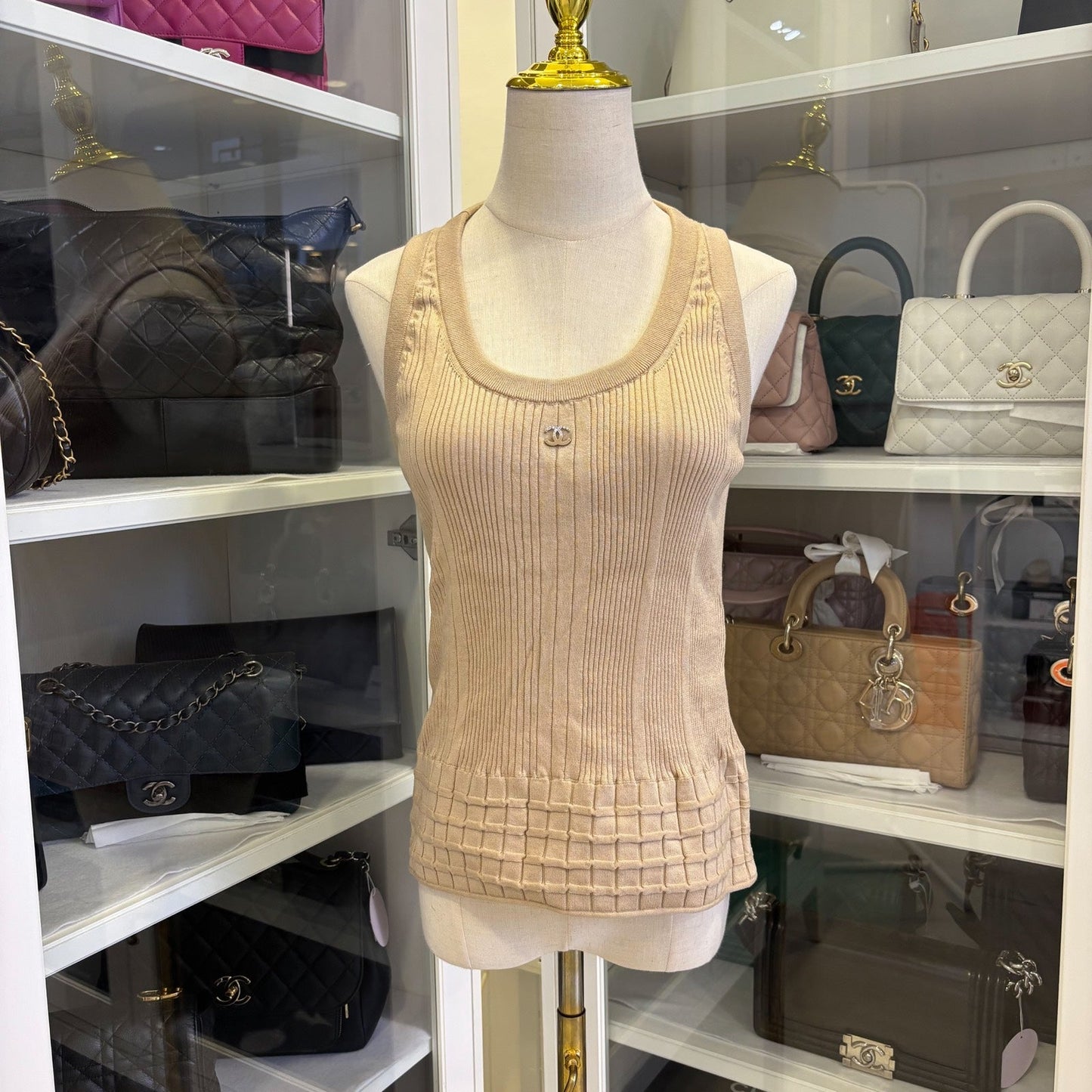 Chanel 25P Tank Top with CC Logo in Dark Beige Cotton Sz 40