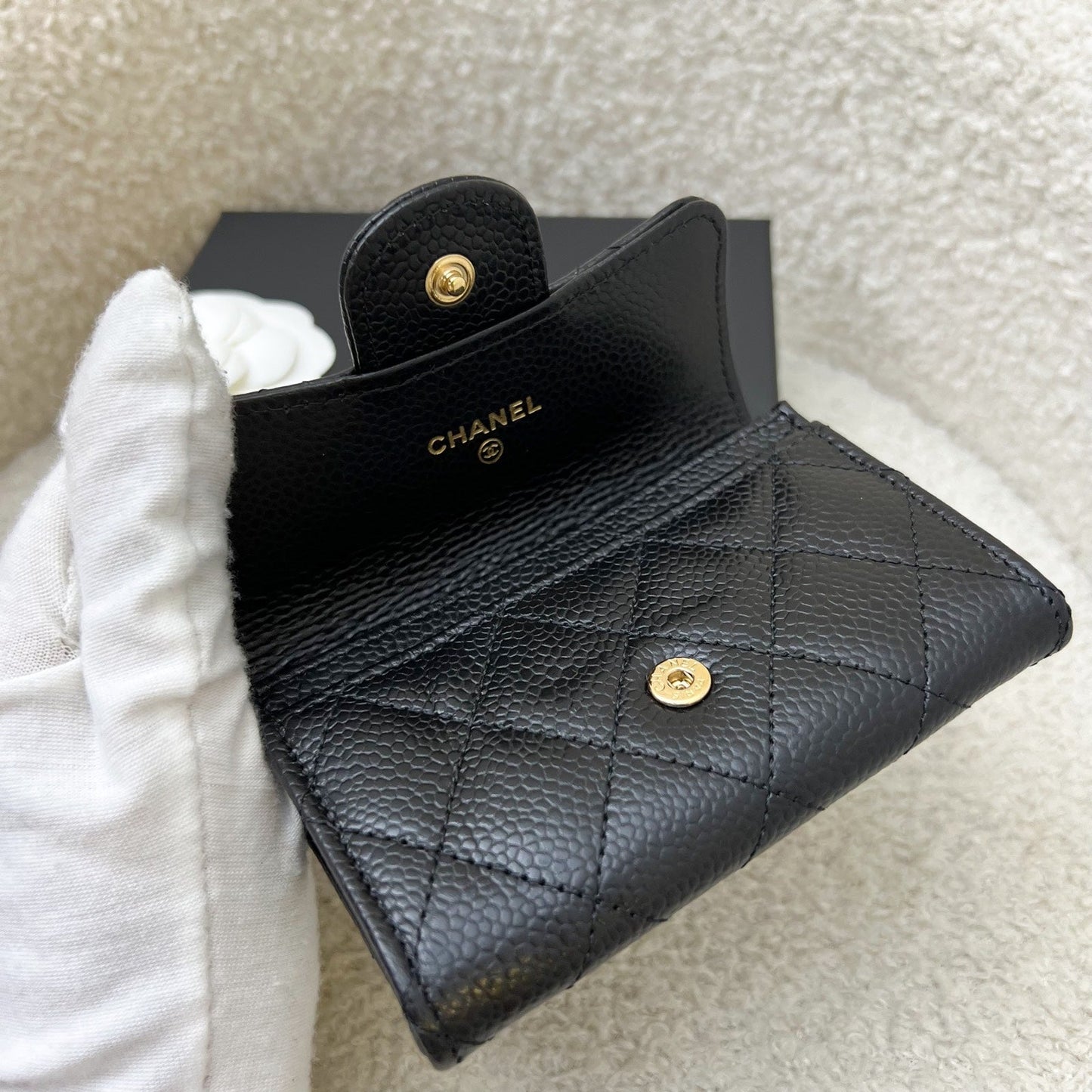 Chanel Classic Snap Card Holder in Black Caviar and GHW
