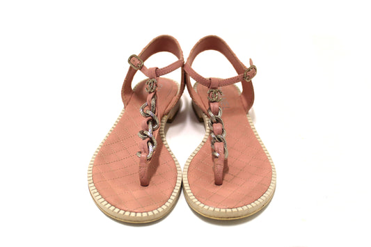 Chanel Pink Quilted Leather Chain Link Thong Flat Sandals Size 37