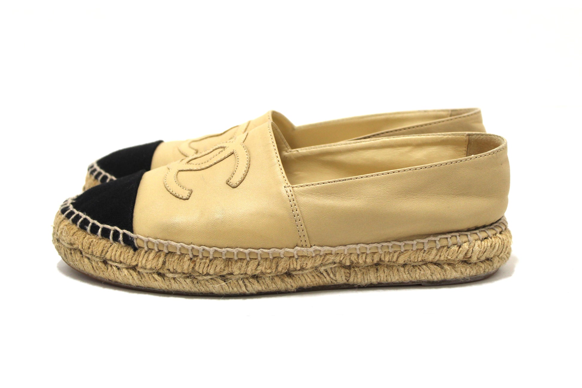 CHANEL Chanel Beige/Black Lambskin Leather Espadrilles Shoes Size 37.5 | Havik Shop.com - Shop Now at Havik Shop.com