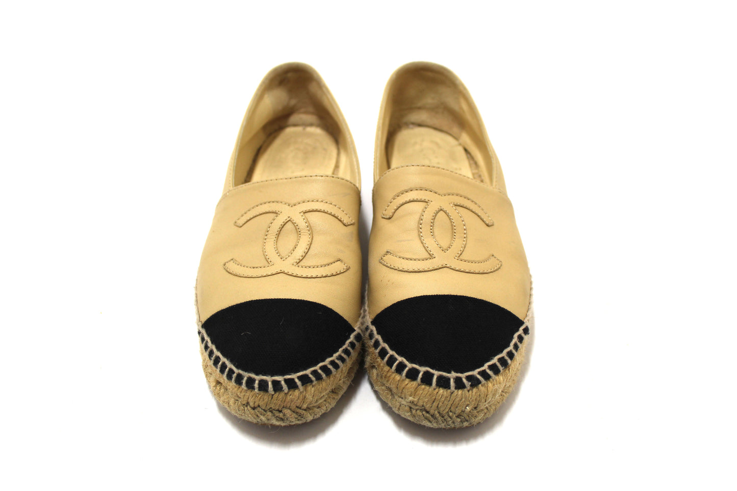 Chanel Beige/Black Lambskin Leather Espadrilles Shoes Size 37.5