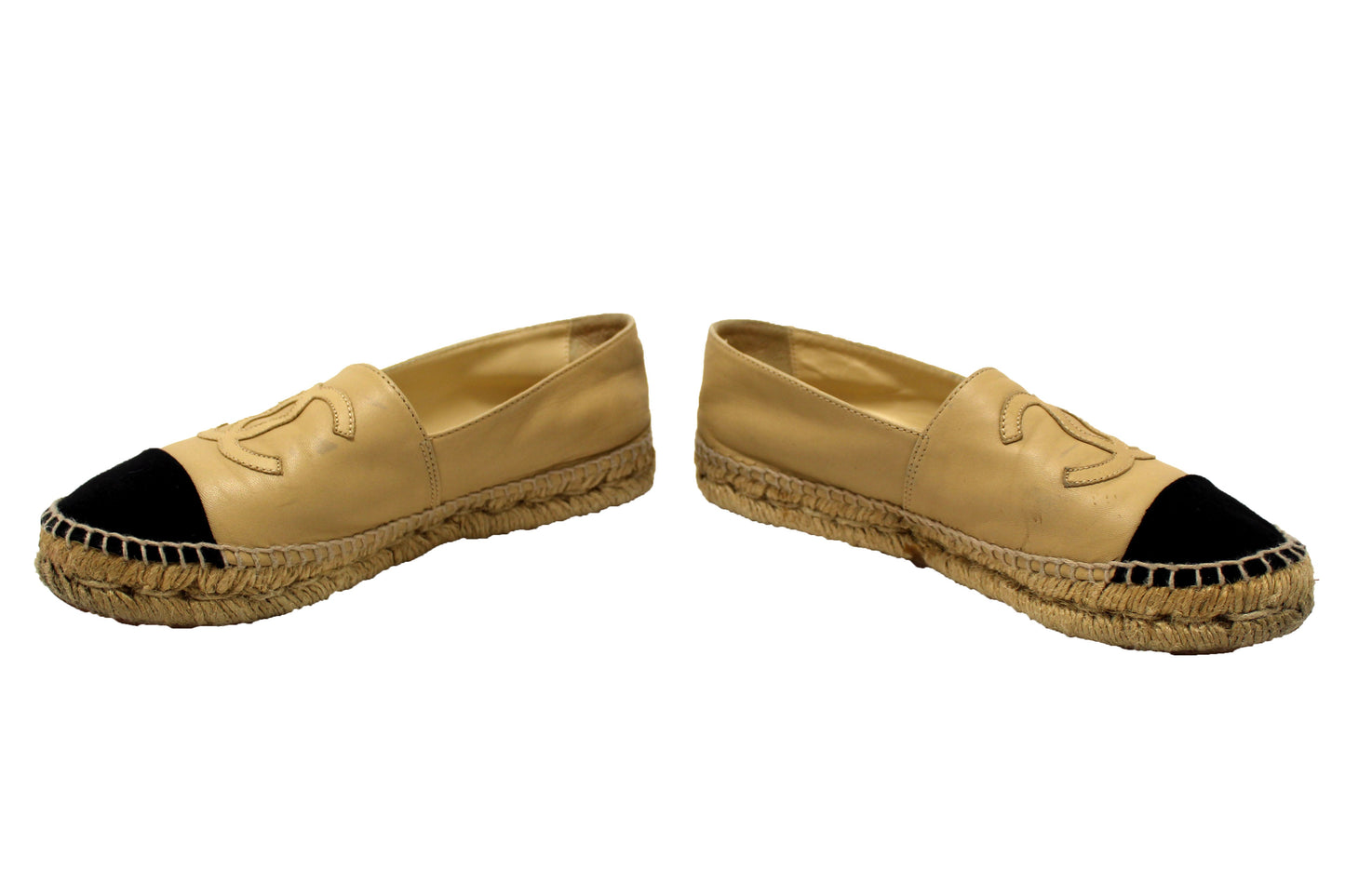 Chanel Beige/Black Lambskin Leather Espadrilles Shoes Size 37.5