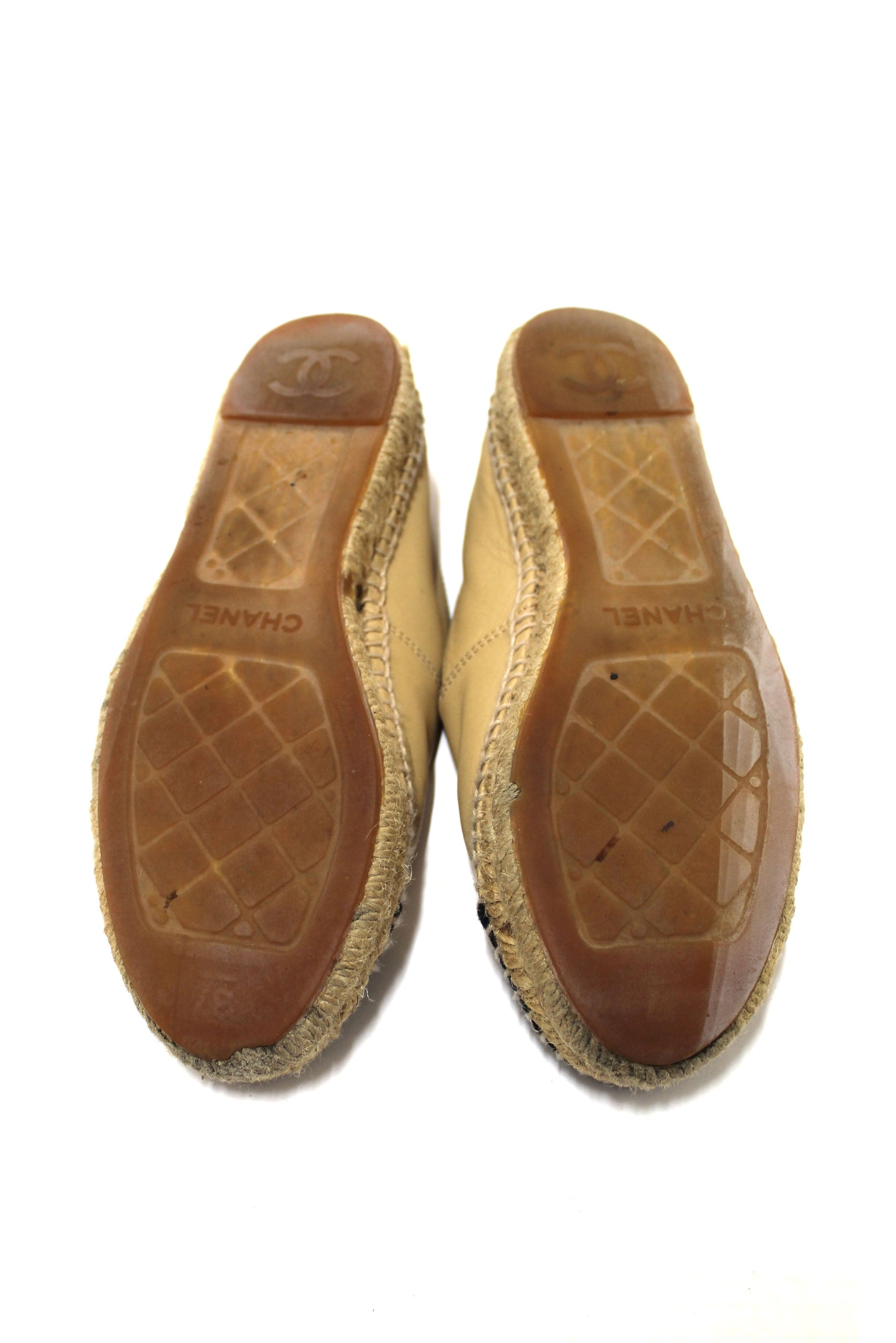 Chanel Beige/Black Lambskin Leather Espadrilles Shoes Size 37.5