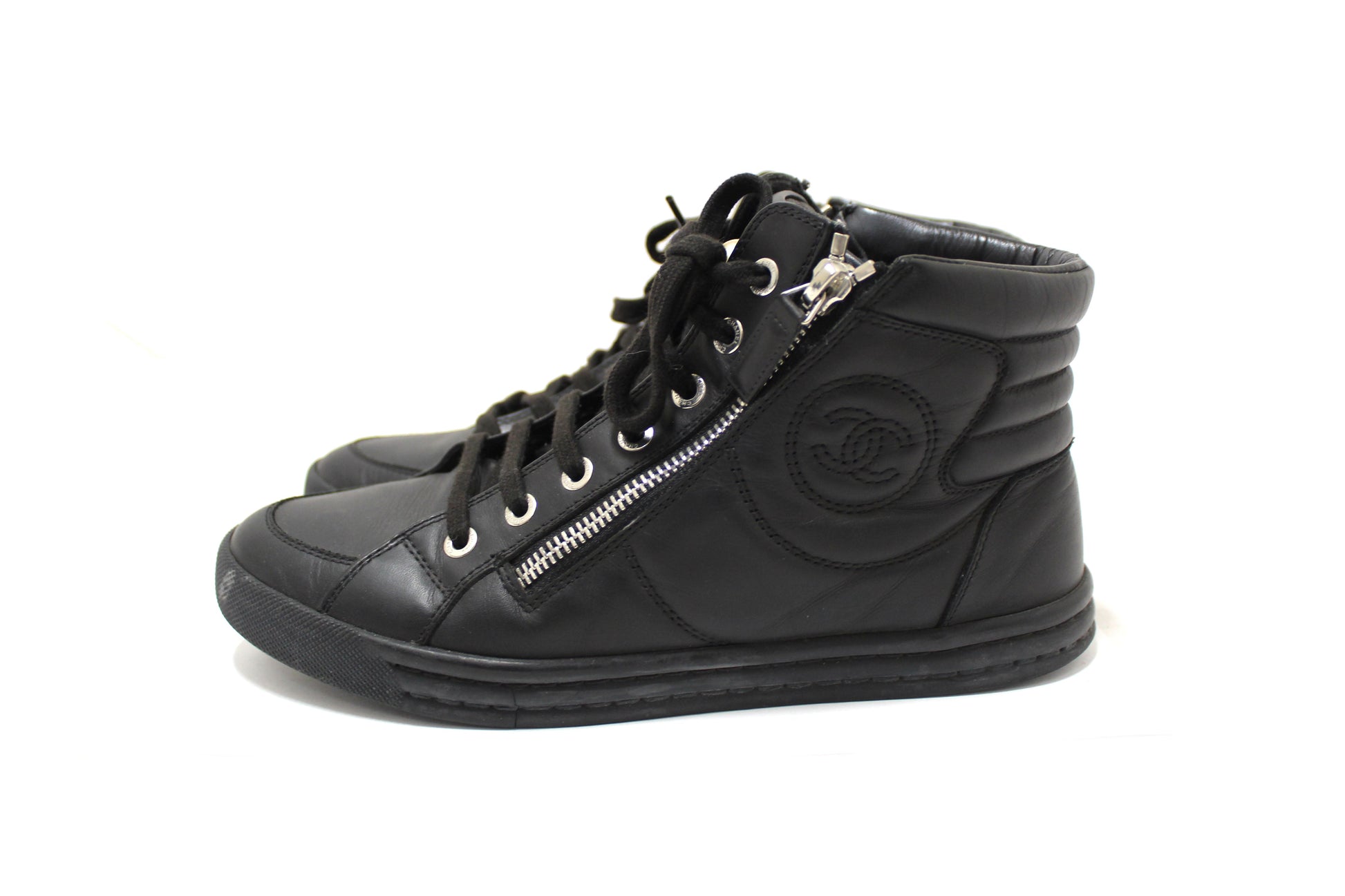 CHANEL Chanel Black Leather CC Zip Link High Top Sneakers Size 37 | Havik Shop.com - Shop Now at Havik Shop.com
