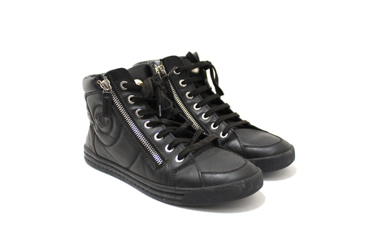 Chanel Black Leather CC Zip Link High Top Sneakers Size 37