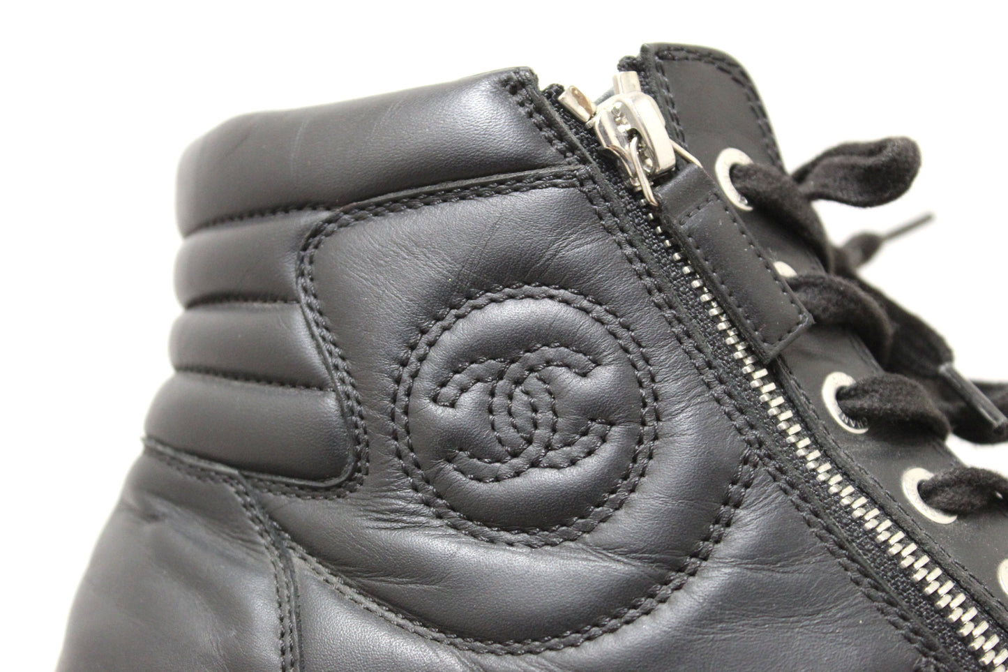 Chanel Black Leather CC Zip Link High Top Sneakers Size 37
