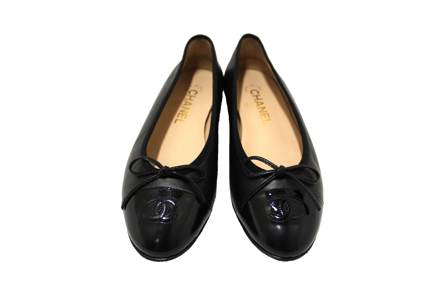 Chanel Black Lambskin & Patent Calfskin Ballet Flats Size 37