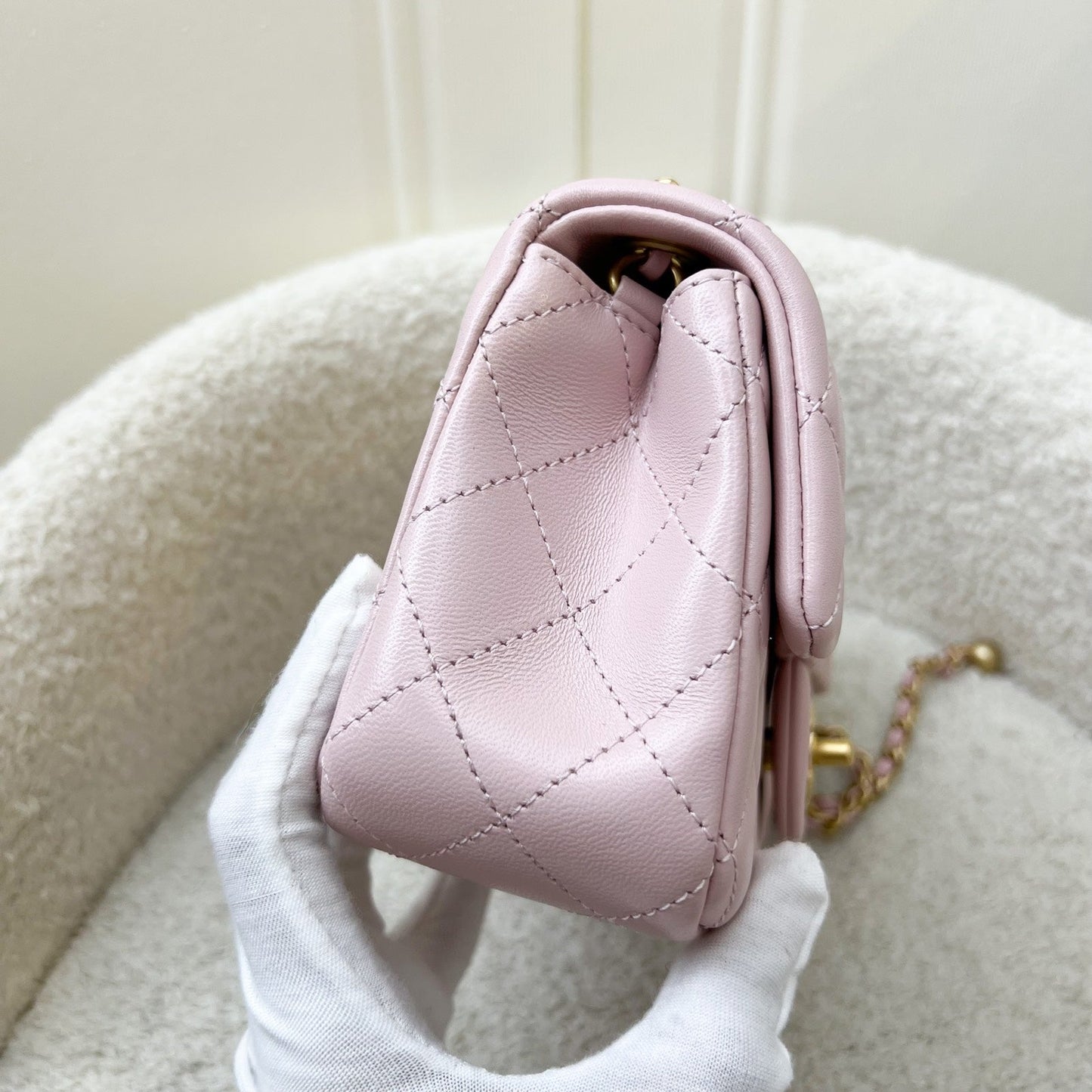 Chanel Pearl Crush Mini Rectangle Flap in 24K Sakura Pink Stiff Lambskin and AGHW (Model: AS1787)