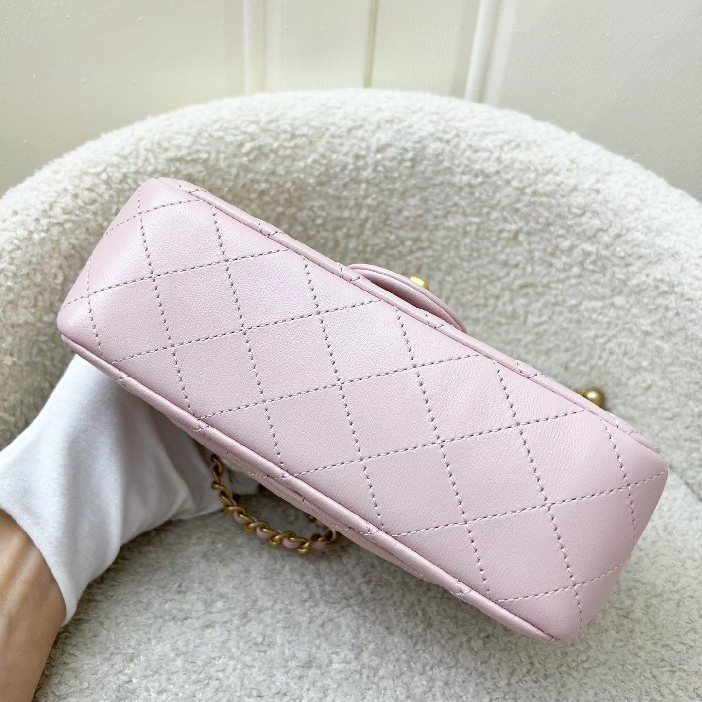 Chanel Pearl Crush Mini Rectangle Flap in 24K Sakura Pink Stiff Lambskin and AGHW (Model: AS1787)